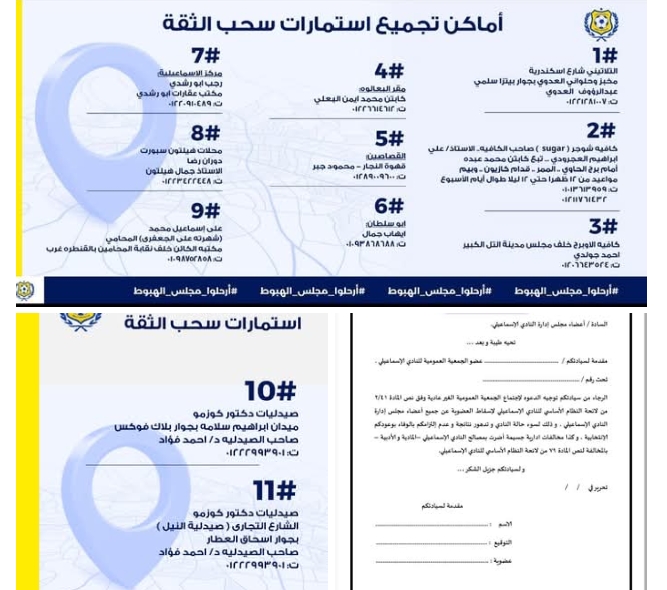 11 مقر .. جبهة إنقاذ الاسماعيلي تصدر بيان بأماكن توزيع استمارات « سحب الثقة من مجلس إدارة « نصر ابو الحسن»
