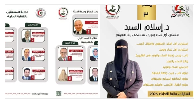 الدكتورة إسلام السيد: برنامجي الانتخابي يضع مصلحة الأطباء أولًا.. وتعزيز قوة النقابة وخدمة أبناء المهنة