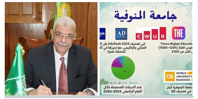 برئاسة القاصد.. جامعة المنوفية تعزز مكانتها الدولية وتحقق طفرة غير مسبوقة في تصنيفات 2025